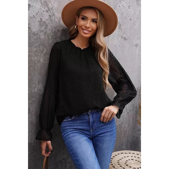 LAST ONE! Plus Size KYLA Black Swiss Dot Bubble Sleeve Blouse